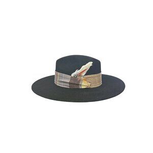 The Power Hat CO. Black Felt Wide Brim Hat w/Multicolor Band & Feather Accent